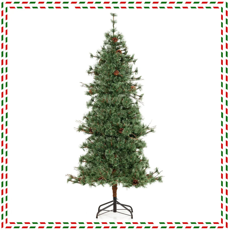 6/7/8 Feet Artificial Christmas Tree Pre-lit Hinged Xmas Tree with Warm White LED Lights and Pine Cones by DirectDeals