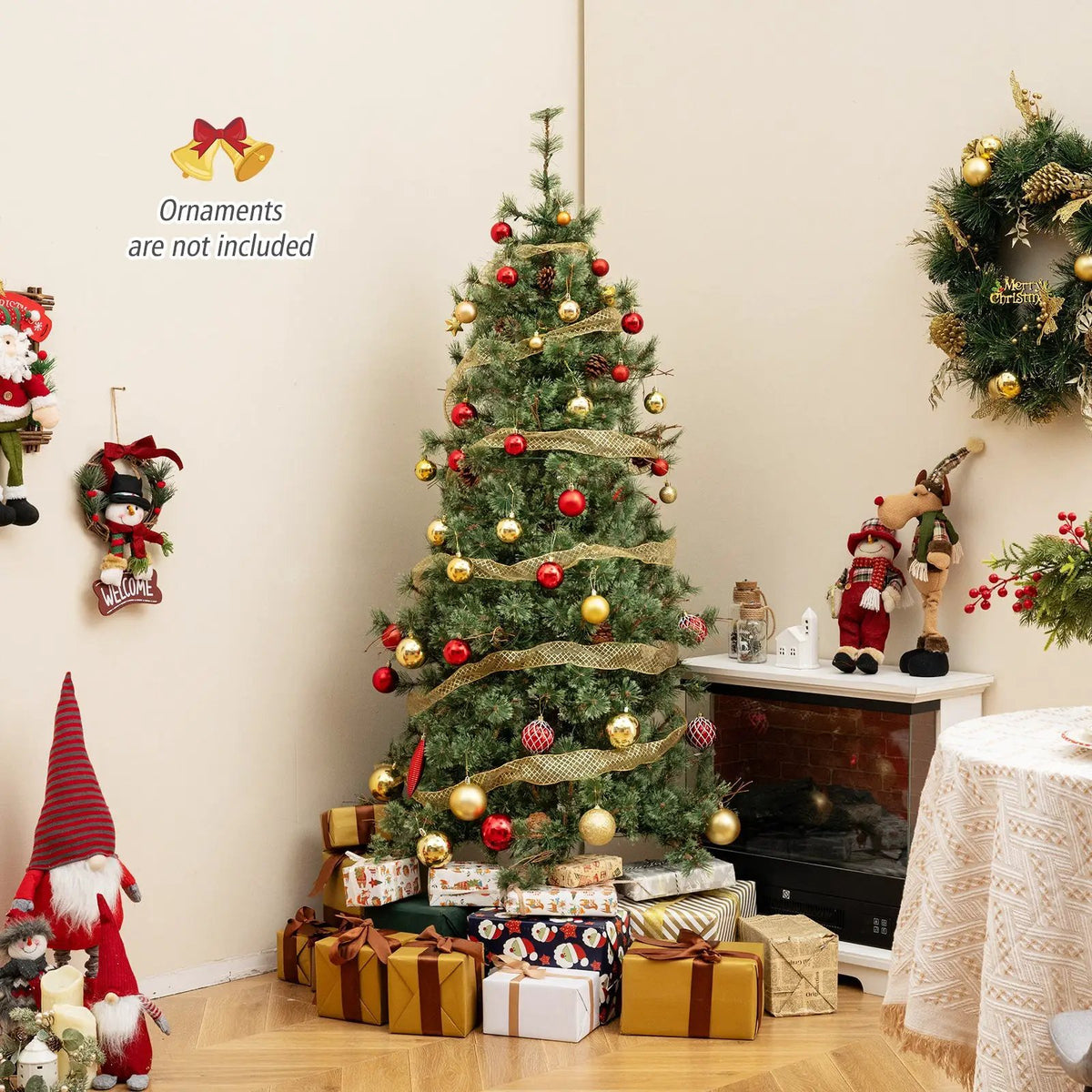 6/7/8 Feet Artificial Christmas Tree Pre-lit Hinged Xmas Tree with Warm White LED Lights and Pine Cones, photo 15 of 24