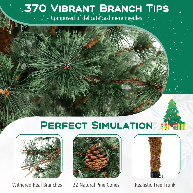 6/7/8 Feet Artificial Christmas Tree Pre-lit Hinged Xmas Tree with Warm White LED Lights and Pine Cones by DirectDeals