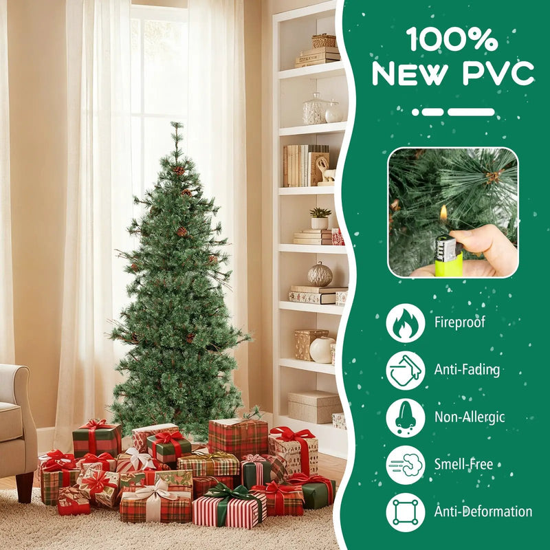 6/7/8 Feet Artificial Christmas Tree Pre-lit Hinged Xmas Tree with Warm White LED Lights and Pine Cones by DirectDeals