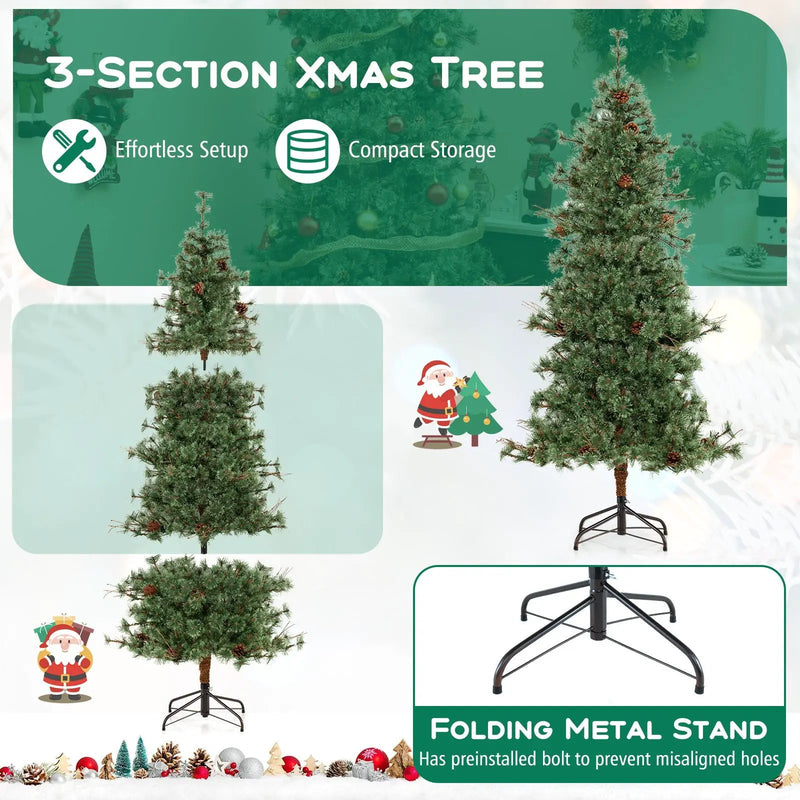 6/7/8 Feet Artificial Christmas Tree Pre-lit Hinged Xmas Tree with Warm White LED Lights and Pine Cones by DirectDeals