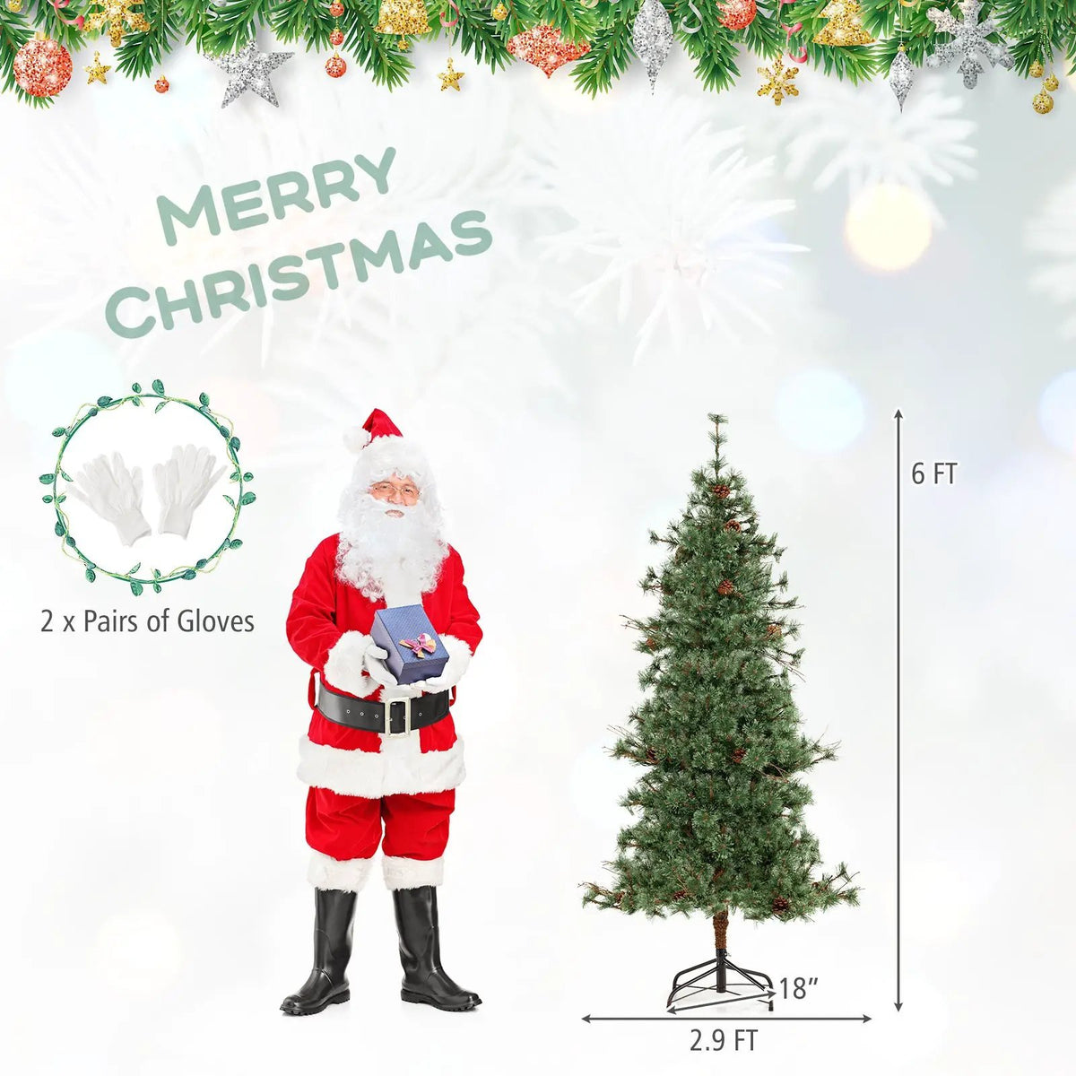 6/7/8 Feet Artificial Christmas Tree Pre-lit Hinged Xmas Tree with Warm White LED Lights and Pine Cones, photo 12 of 24