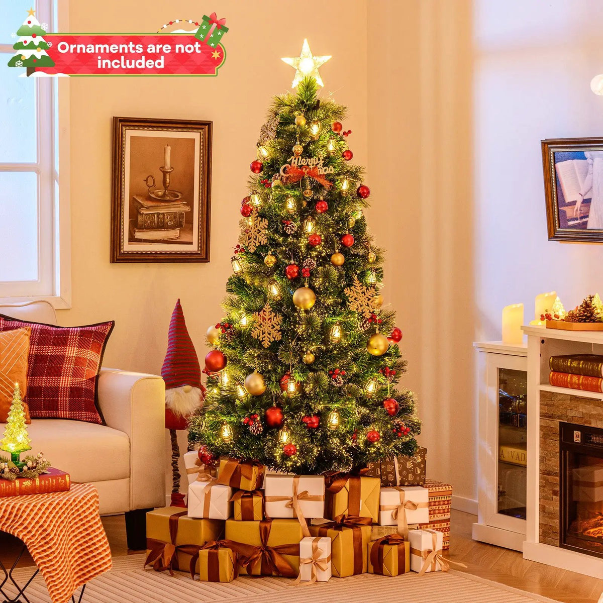 5/6/7 Feet Artificial Christmas Tree with Red Berries and Kerosene Lamps, photo 6 of 24