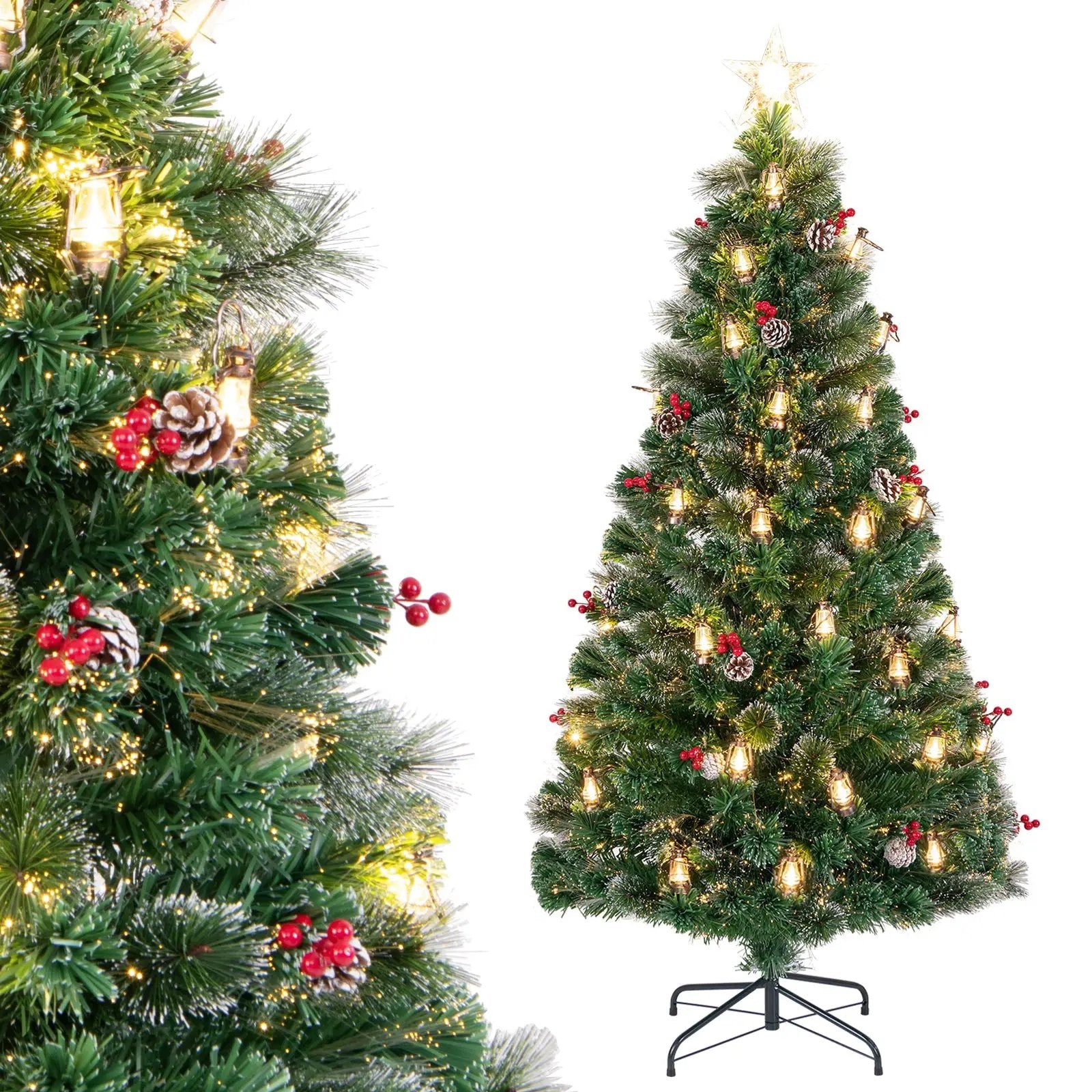 5/6/7 Feet Artificial Christmas Tree with Red Berries and Kerosene Lamps by DirectDeals