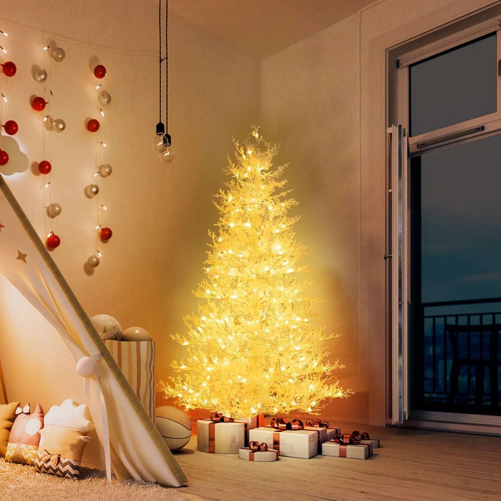 6 Feet Artificial Xmas Tree with 383 PE Branch Tips and 300 LED Lights by DirectDeals