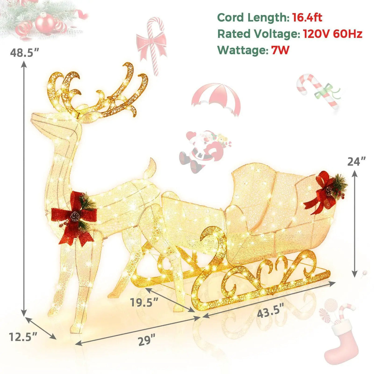 6 Feet Christmas Lighted Reindeer and Santa's Sleigh Decoration with 4 Stakes, photo 12 of 16