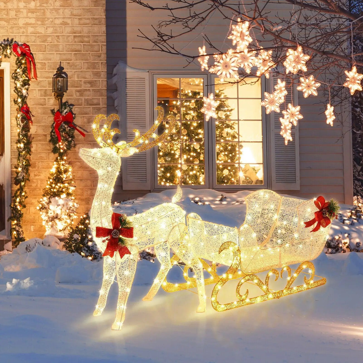 6 Feet Christmas Lighted Reindeer and Santa's Sleigh Decoration with 4 Stakes, photo 6 of 16
