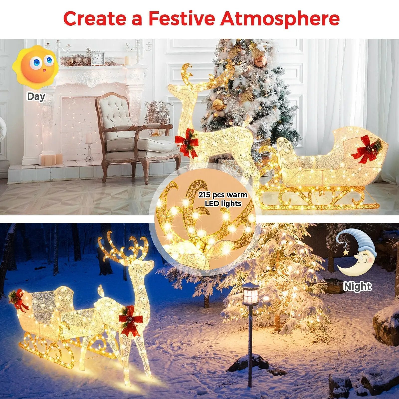 6 Feet Christmas Lighted Reindeer and Santa's Sleigh Decoration with 4 Stakes by DirectDeals