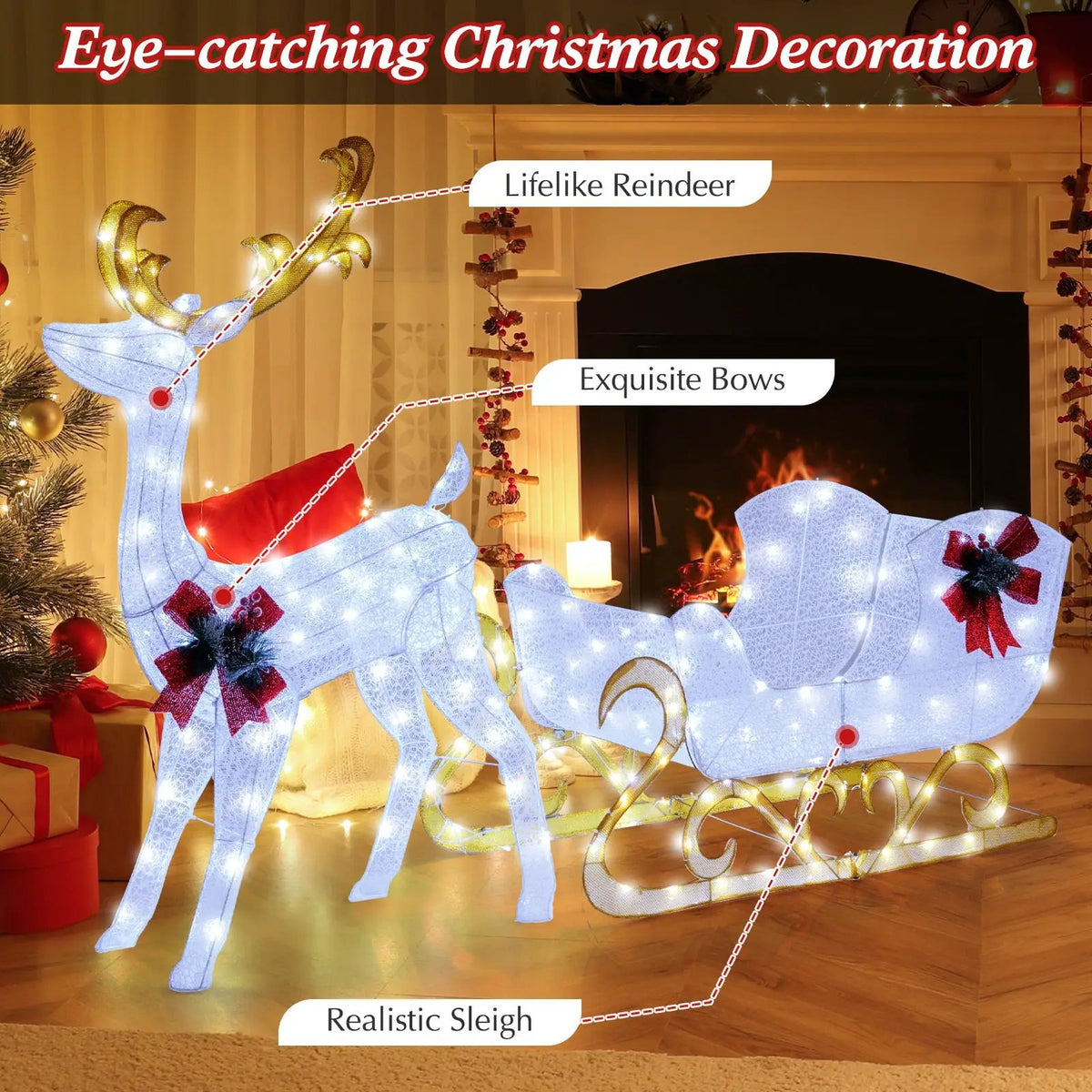 6 Feet Christmas Lighted Reindeer and Santa's Sleigh Decoration with 4 Stakes, photo 9 of 16