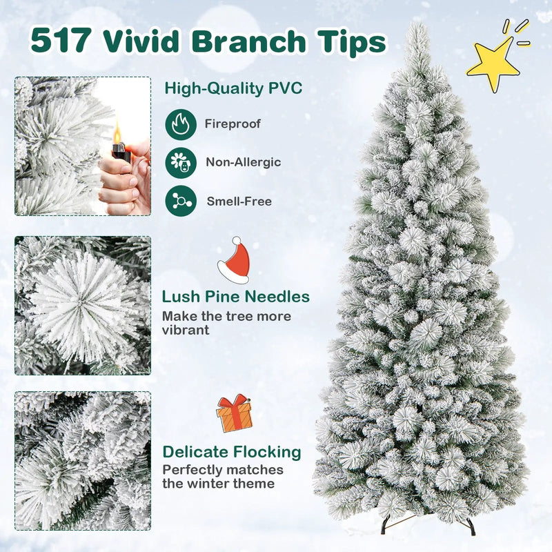 7 Feet Flocked Christmas Tree with Pine Needles and LED Lights by DirectDeals