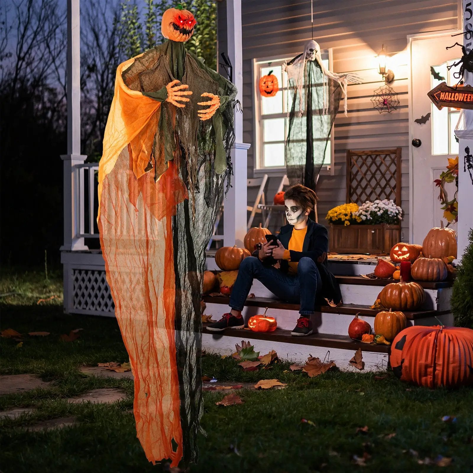 6 Feet Hanging Pumpkin Ghost with Red Glowing Eyes and Bendable Arms by DirectDeals