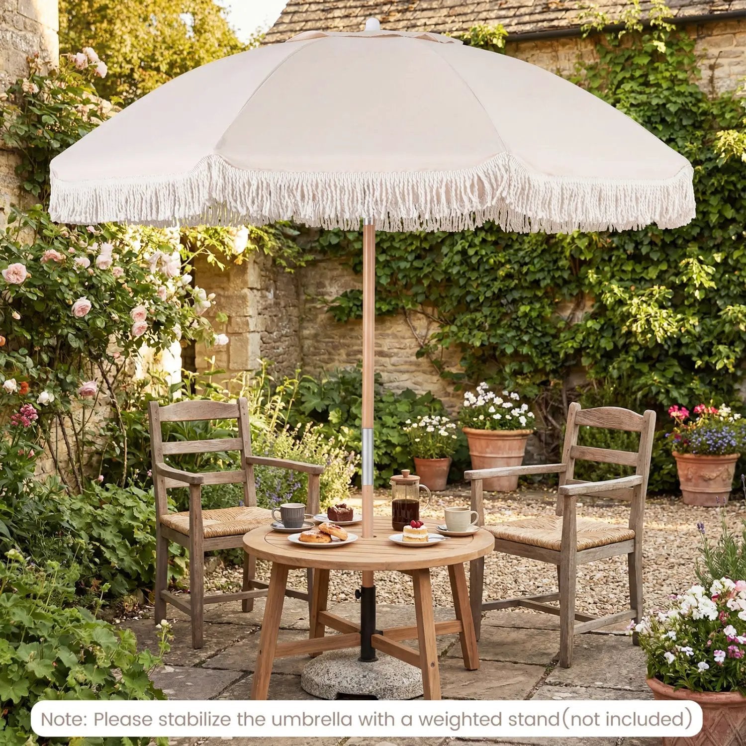 6 Feet Patio Umbrella with Fringe with Push Button Tilt and Wood Pole by DirectDeals