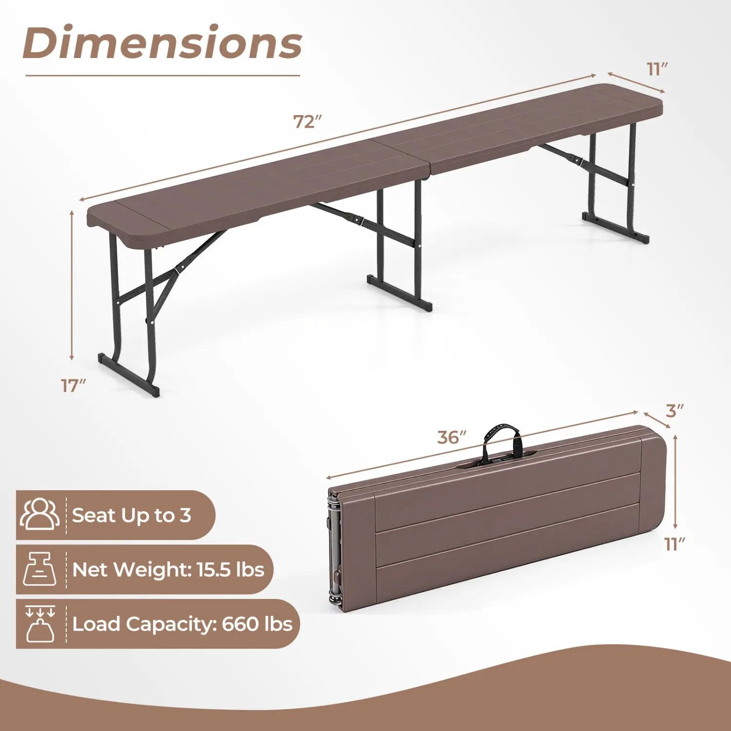 6 Foot Folding Bench with Carrying Handle - 660 lb Capacity by DirectDeals
