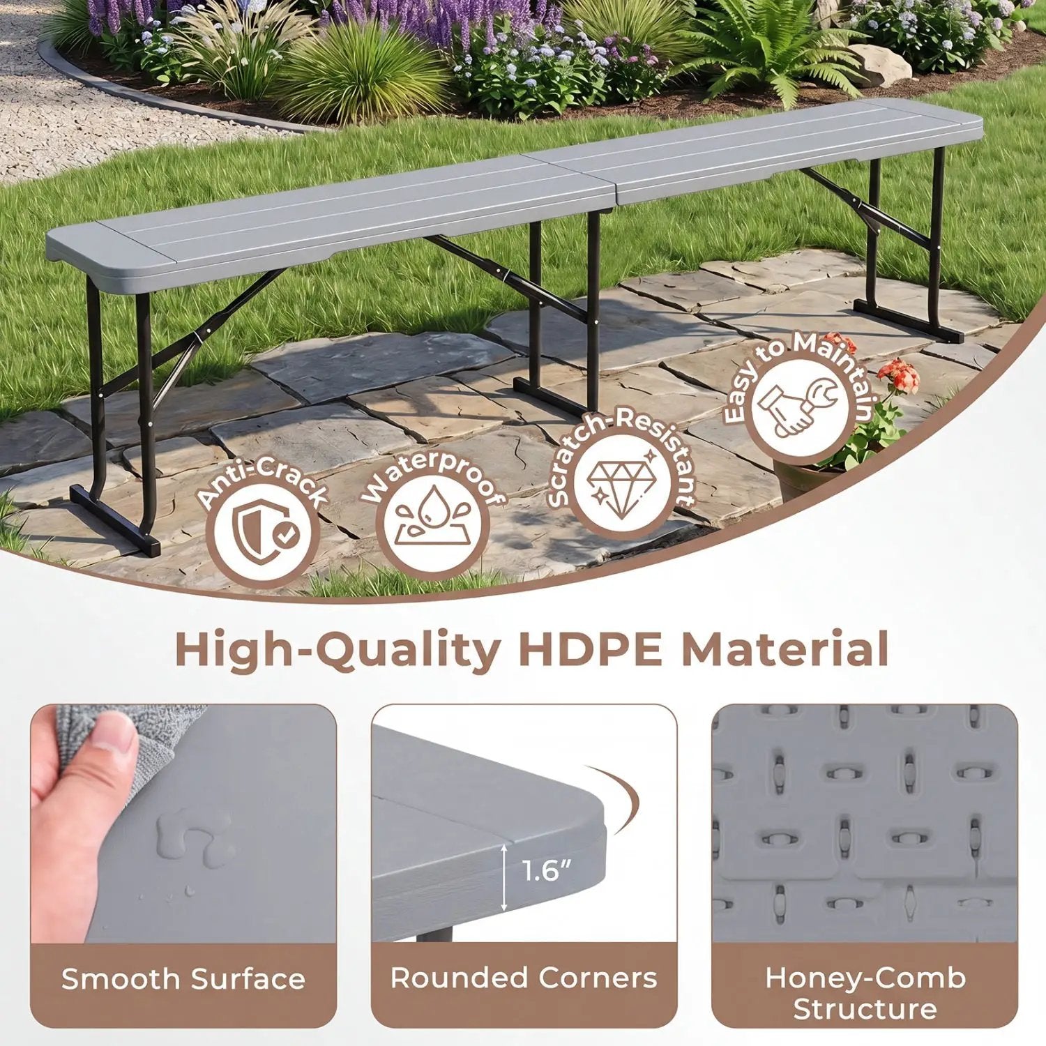 6 Foot Folding Bench with Carrying Handle - 660 lb Capacity by DirectDeals