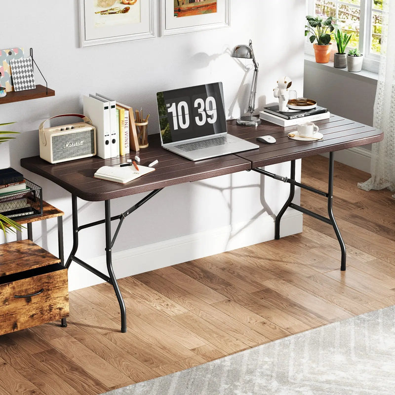 6 Feet Folding Table with Wood Grain HDPE Tabletop and Safe Lock Mechanism by DirectDeals