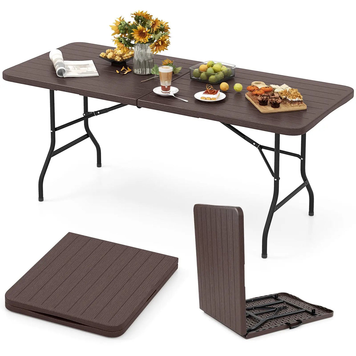 6 Feet Folding Table with Wood Grain HDPE Tabletop and Safe Lock Mechanism, photo 3 of 7