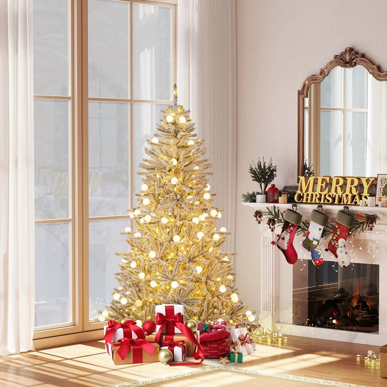 6 Feet Snow-flocked Artificial Christmas Tree Pre-lit Hinged with 81 Sphere Lights and Remote by DirectDeals
