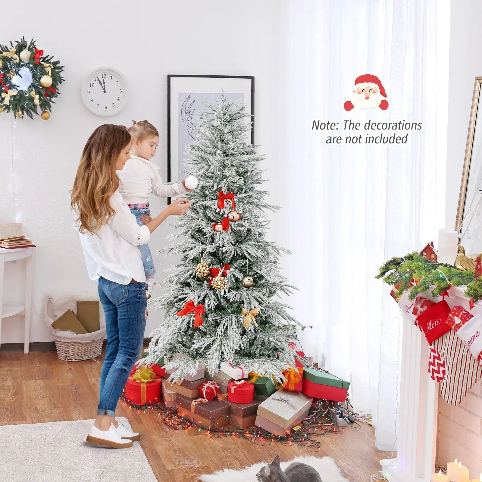 7 Feet Snow-flocked Artificial Christmas Tree Pre-lit Hinged Xmas Tree with Warm White LED Lights by DirectDeals