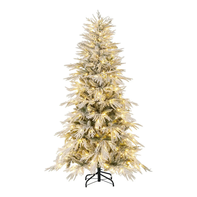 7 Feet Snow-flocked Artificial Christmas Tree Pre-lit Hinged Xmas Tree with Warm White LED Lights by DirectDeals
