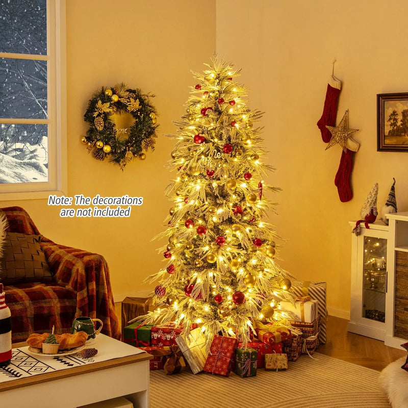 7 Feet Snow-flocked Artificial Christmas Tree Pre-lit Hinged Xmas Tree with Warm White LED Lights by DirectDeals