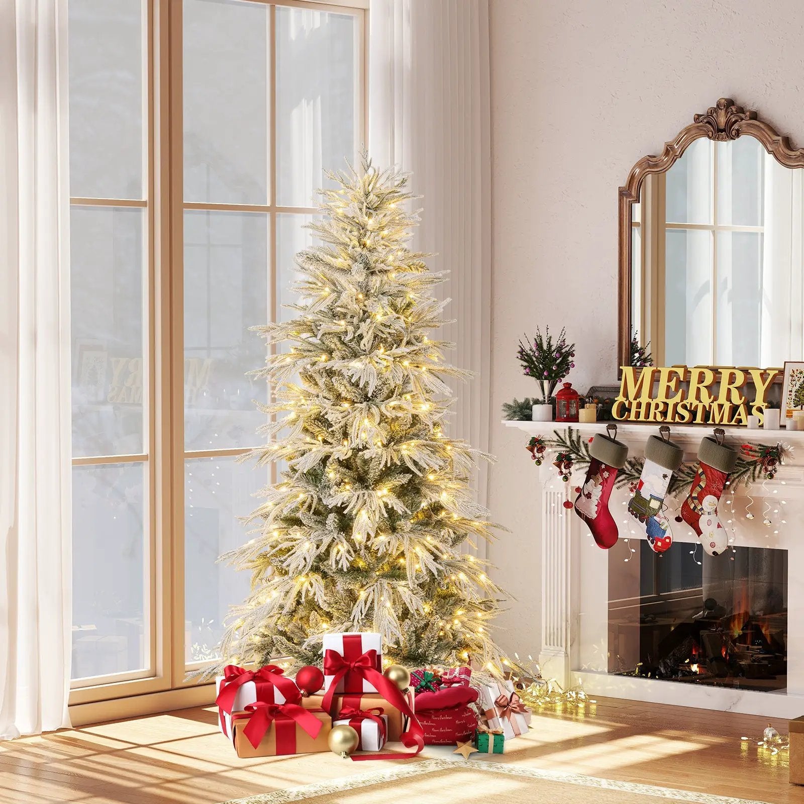 7 Feet Snow-flocked Artificial Christmas Tree Pre-lit Hinged Xmas Tree with Warm White LED Lights by DirectDeals