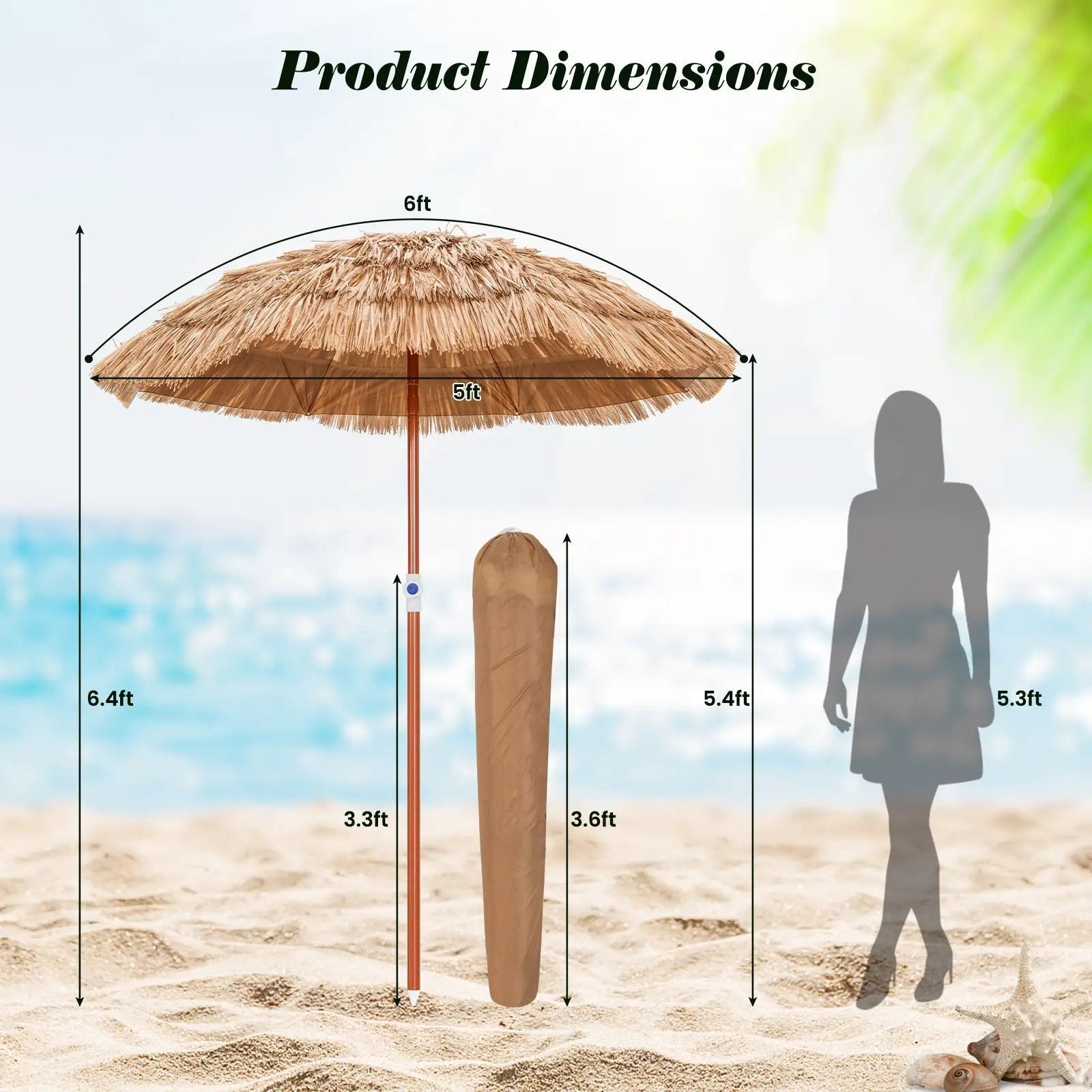 6 Feet Thatched Patio Umbrella with Tilt Design and Carrying Bag by DirectDeals