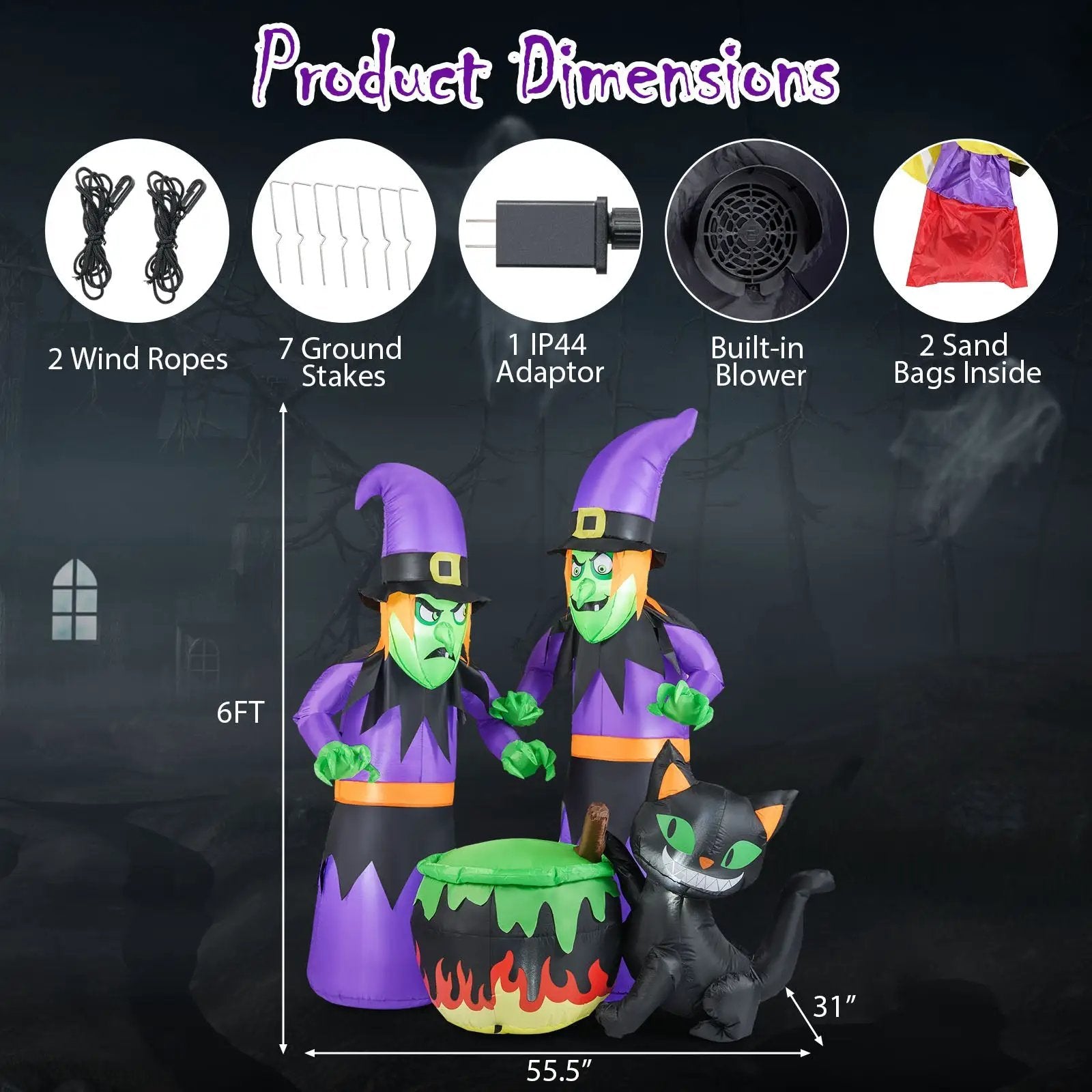 6 Ft Inflatable Halloween Witches with Cauldron & Black Cat by DirectDeals