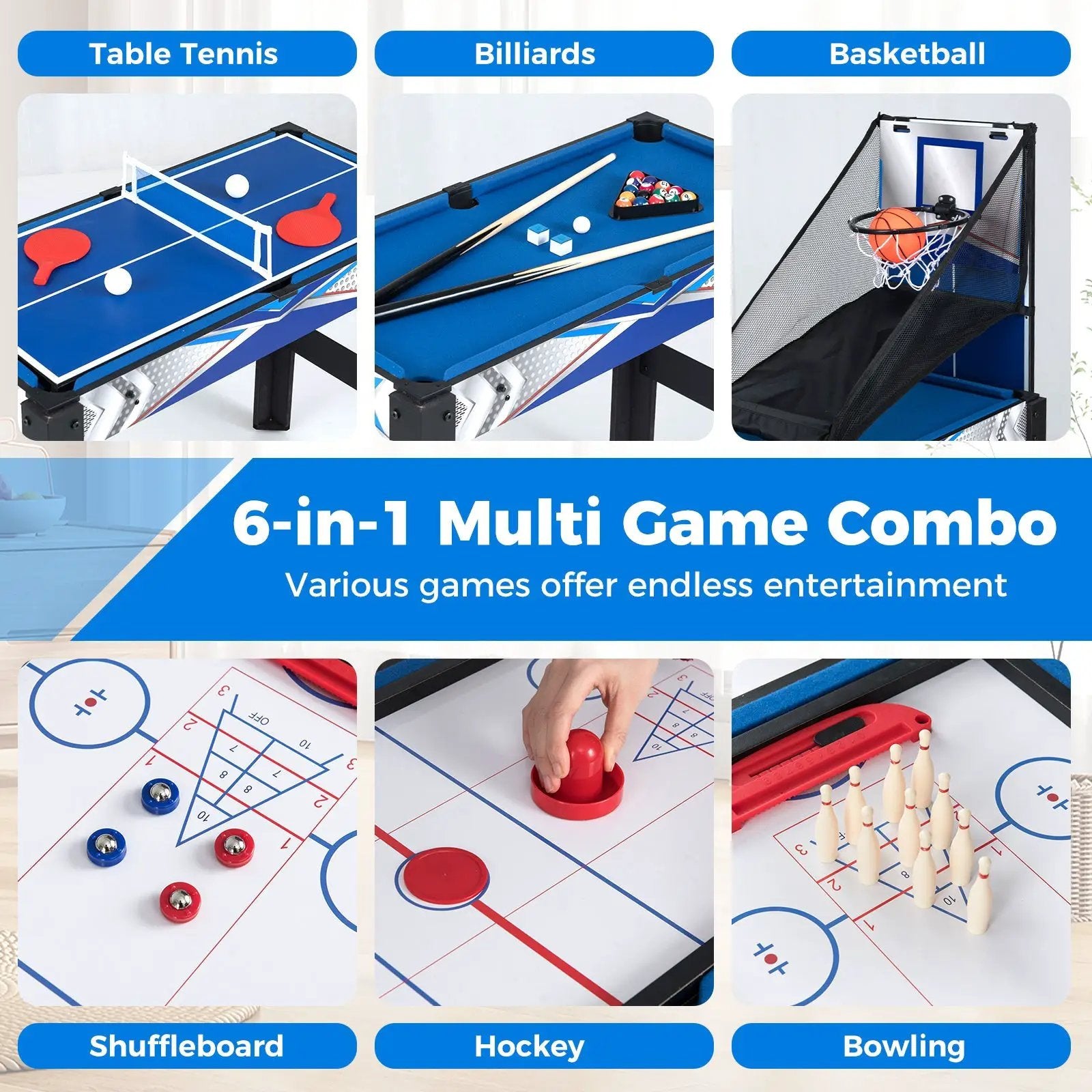 6-In-1 Combo Game Table with Basketball Billiards Ping Pong Hockey Shuffleboard by DirectDeals