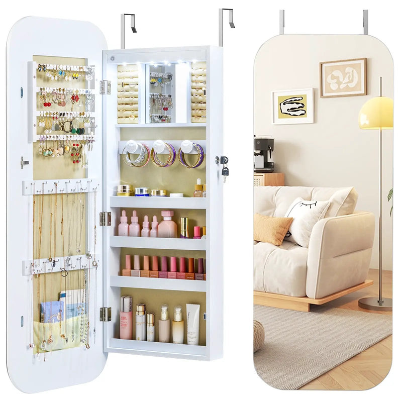 6 LEDs Mirror Jewelry Cabinet Wall or Door Mounted Lockable Jewelry Organizer-White by DirectDeals