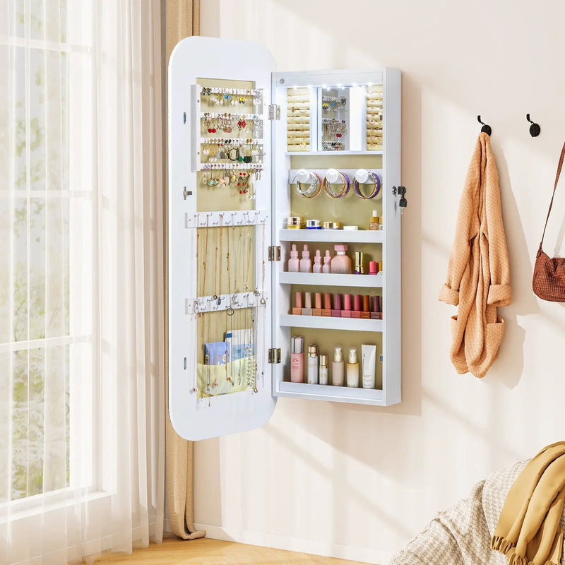 6 LEDs Mirror Jewelry Cabinet Wall or Door Mounted Lockable Jewelry Organizer-White by DirectDeals