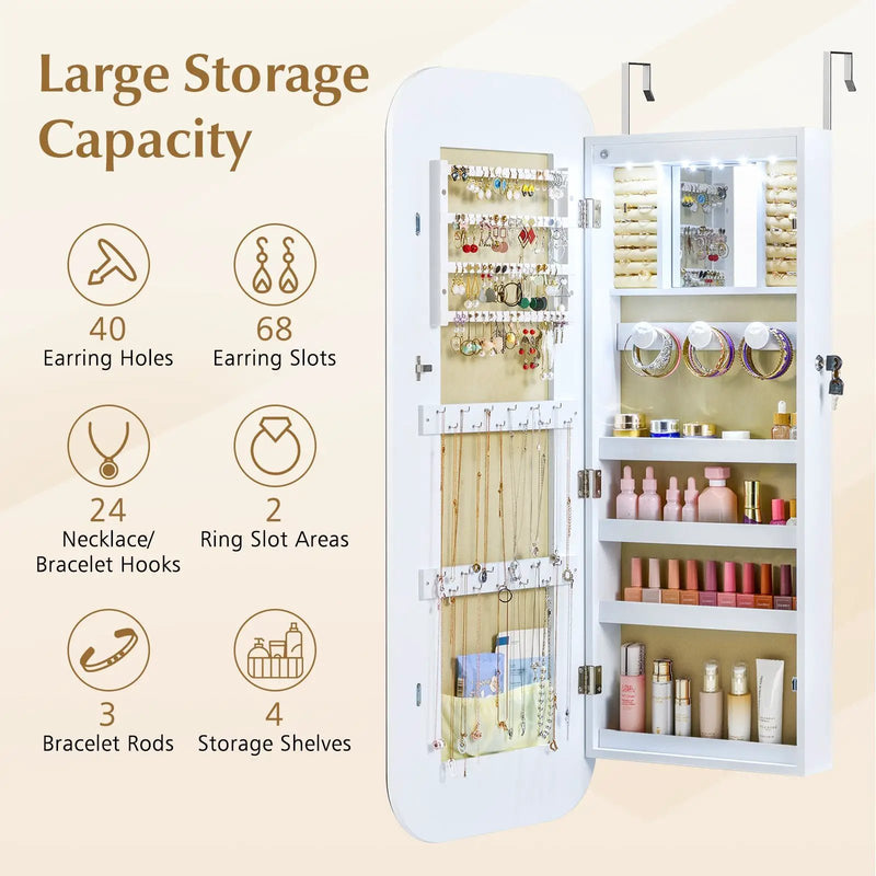 6 LEDs Mirror Jewelry Cabinet Wall or Door Mounted Lockable Jewelry Organizer-White by DirectDeals