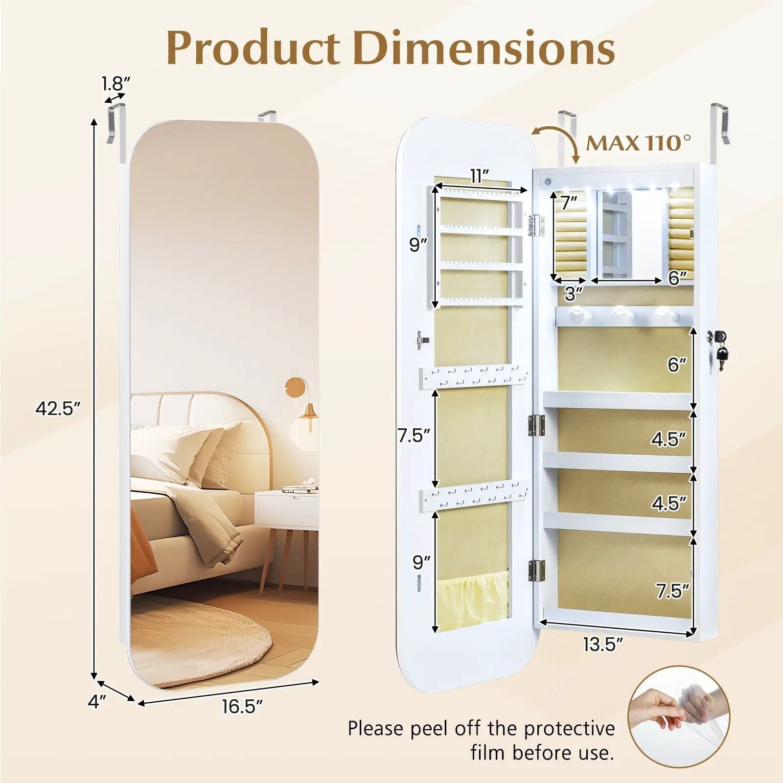6 LEDs Mirror Jewelry Cabinet Wall or Door Mounted Lockable Jewelry Organizer-White by DirectDeals