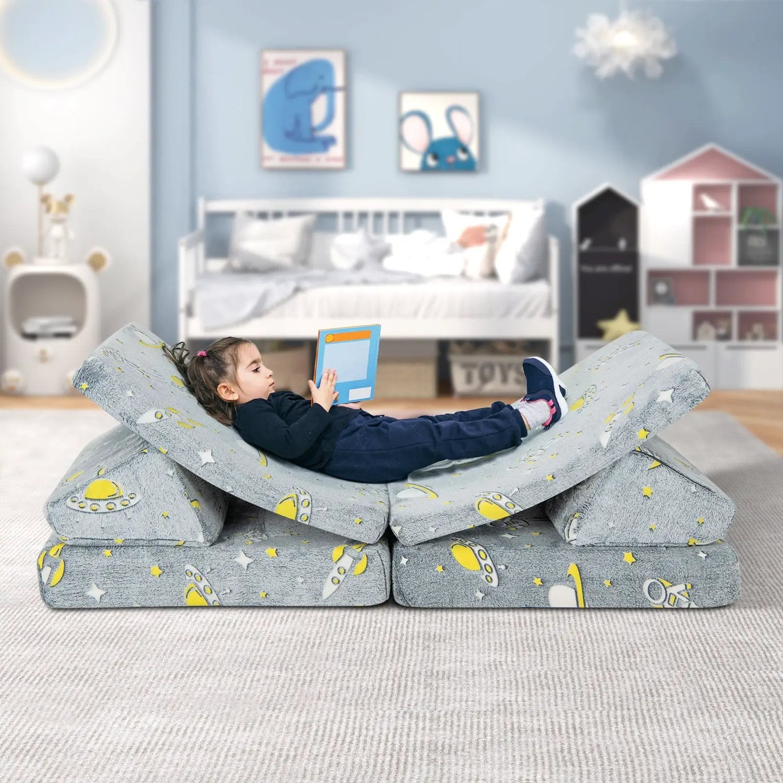 6 PCS Kids Play Couch with 4 Base Cushions and 2 Backrest Cushions-Gray by DirectDeals