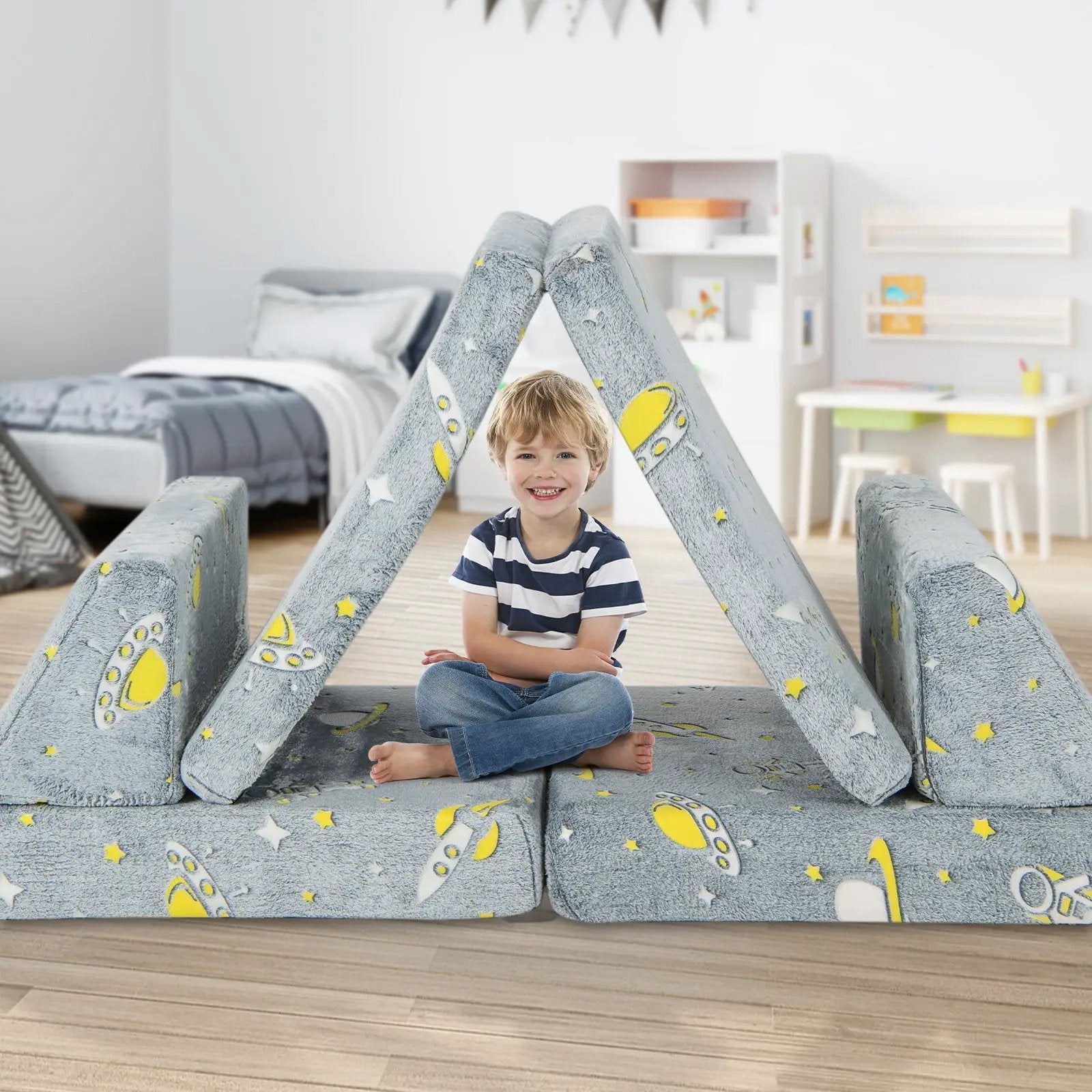 6 PCS Kids Play Couch with 4 Base Cushions and 2 Backrest Cushions-Gray by DirectDeals