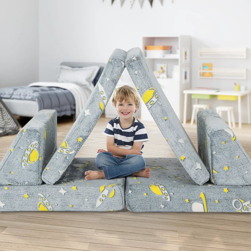 6 PCS Kids Play Couch with 4 Base Cushions and 2 Backrest Cushions-Gray by DirectDeals