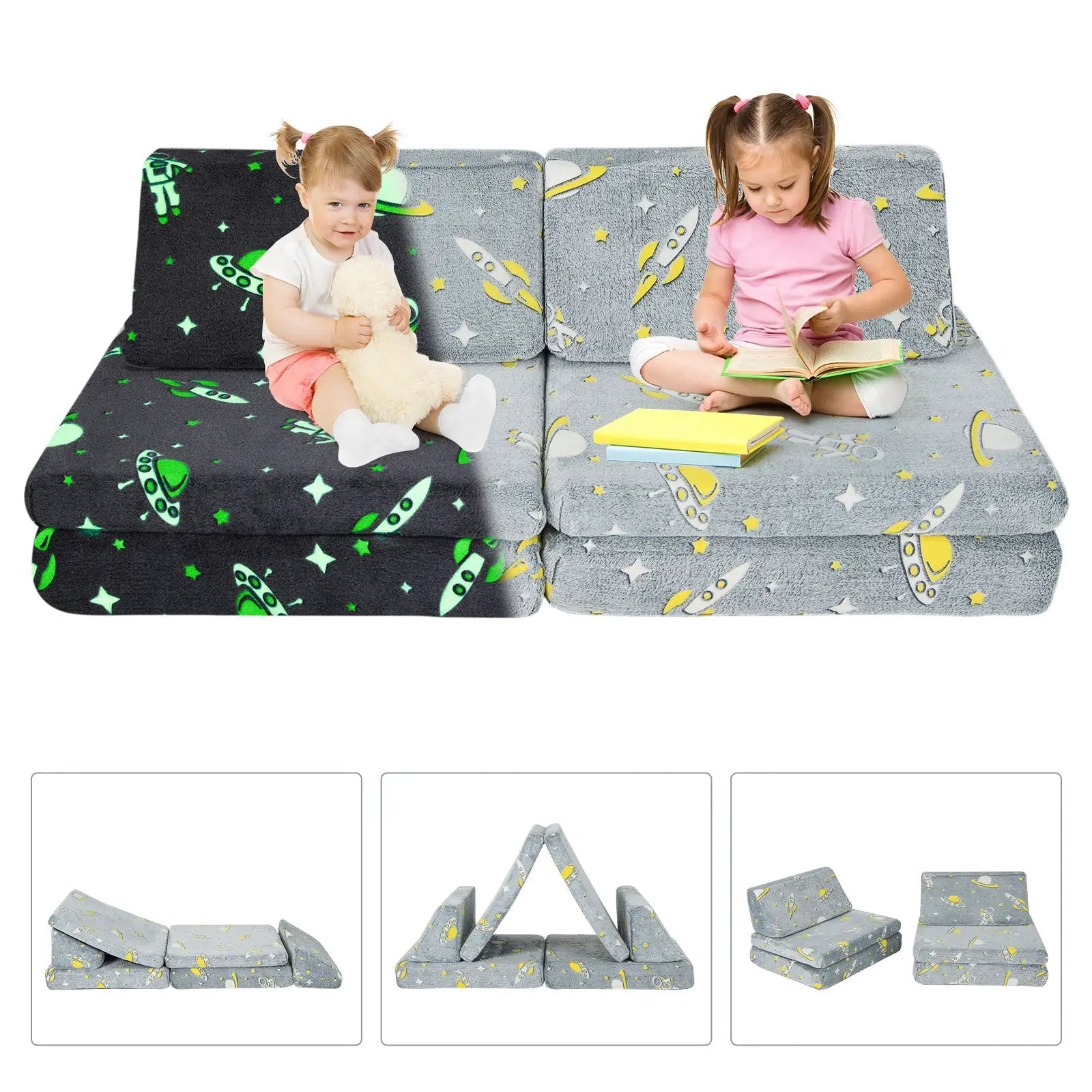 6 PCS Kids Play Couch with 4 Base Cushions and 2 Backrest Cushions-Gray by DirectDeals