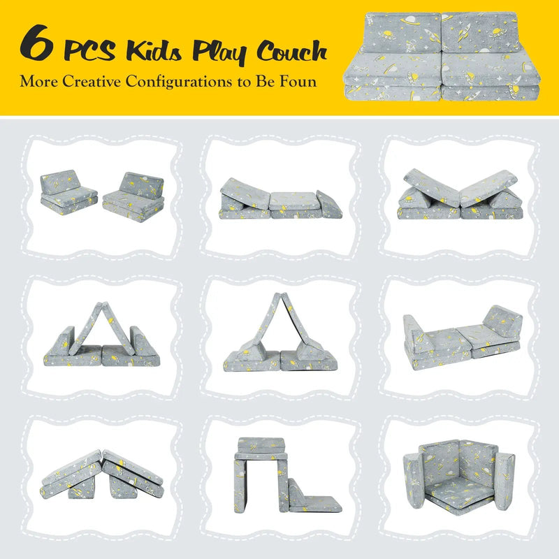 6 PCS Kids Play Couch with 4 Base Cushions and 2 Backrest Cushions-Gray by DirectDeals