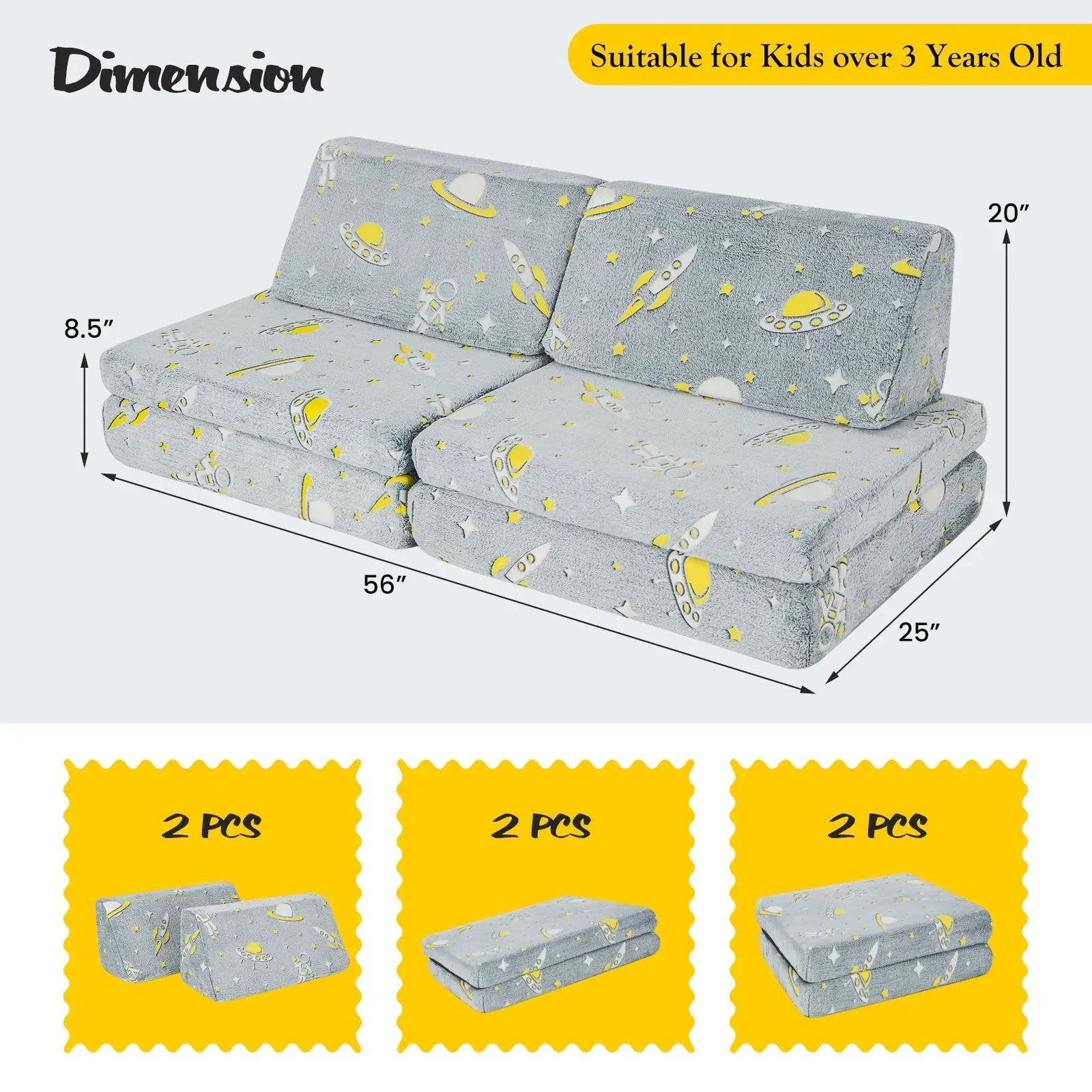 6 PCS Kids Play Couch with 4 Base Cushions and 2 Backrest Cushions-Gray by DirectDeals