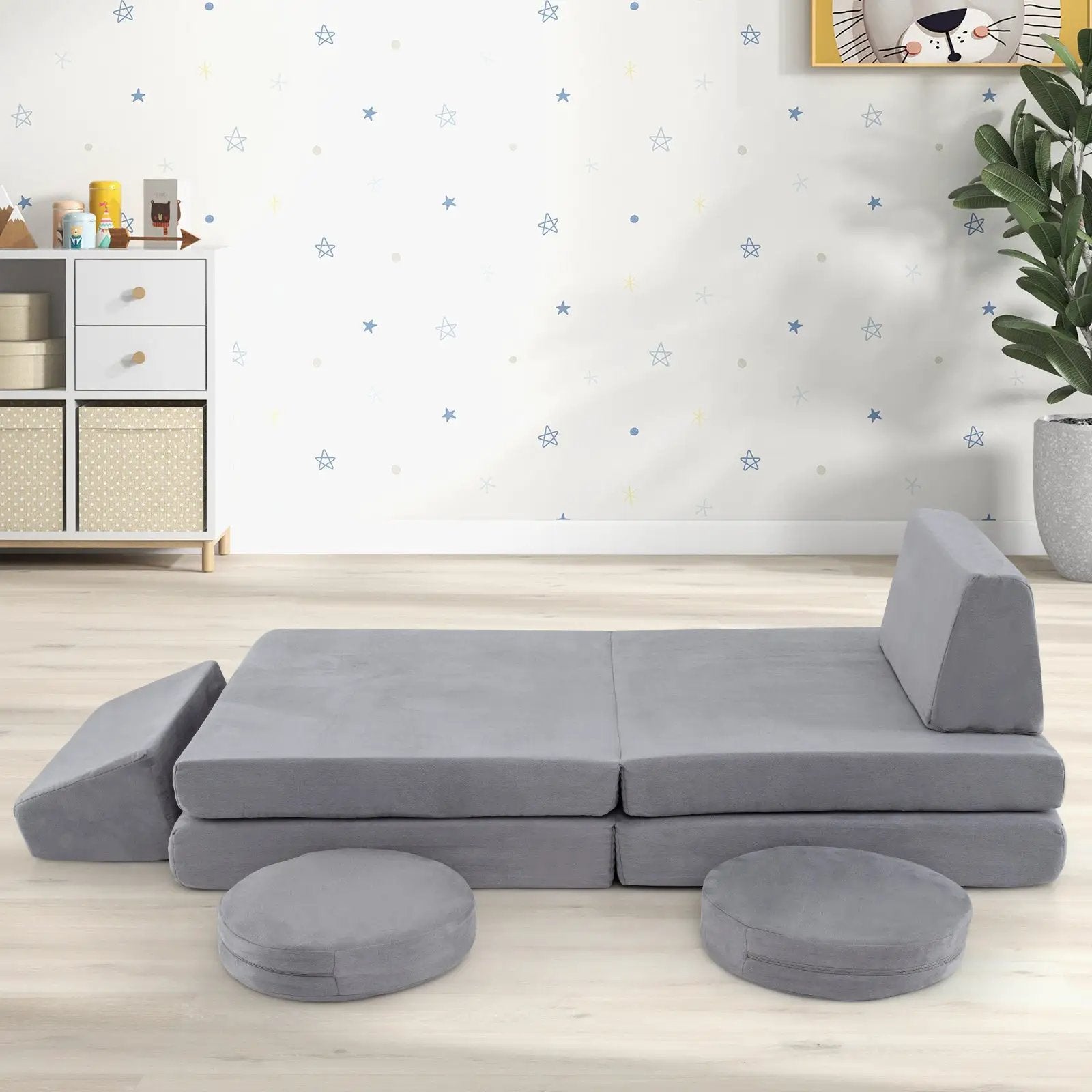 6 Pieces Modular Kids Play Couch Set with Washable Covers for Living Room Playroom-Gray by DirectDeals