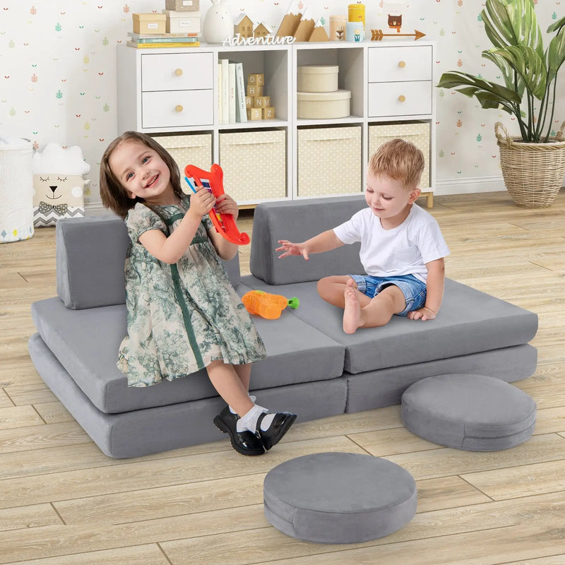 6 Pieces Modular Kids Play Couch Set with Washable Covers for Living Room Playroom-Gray by DirectDeals