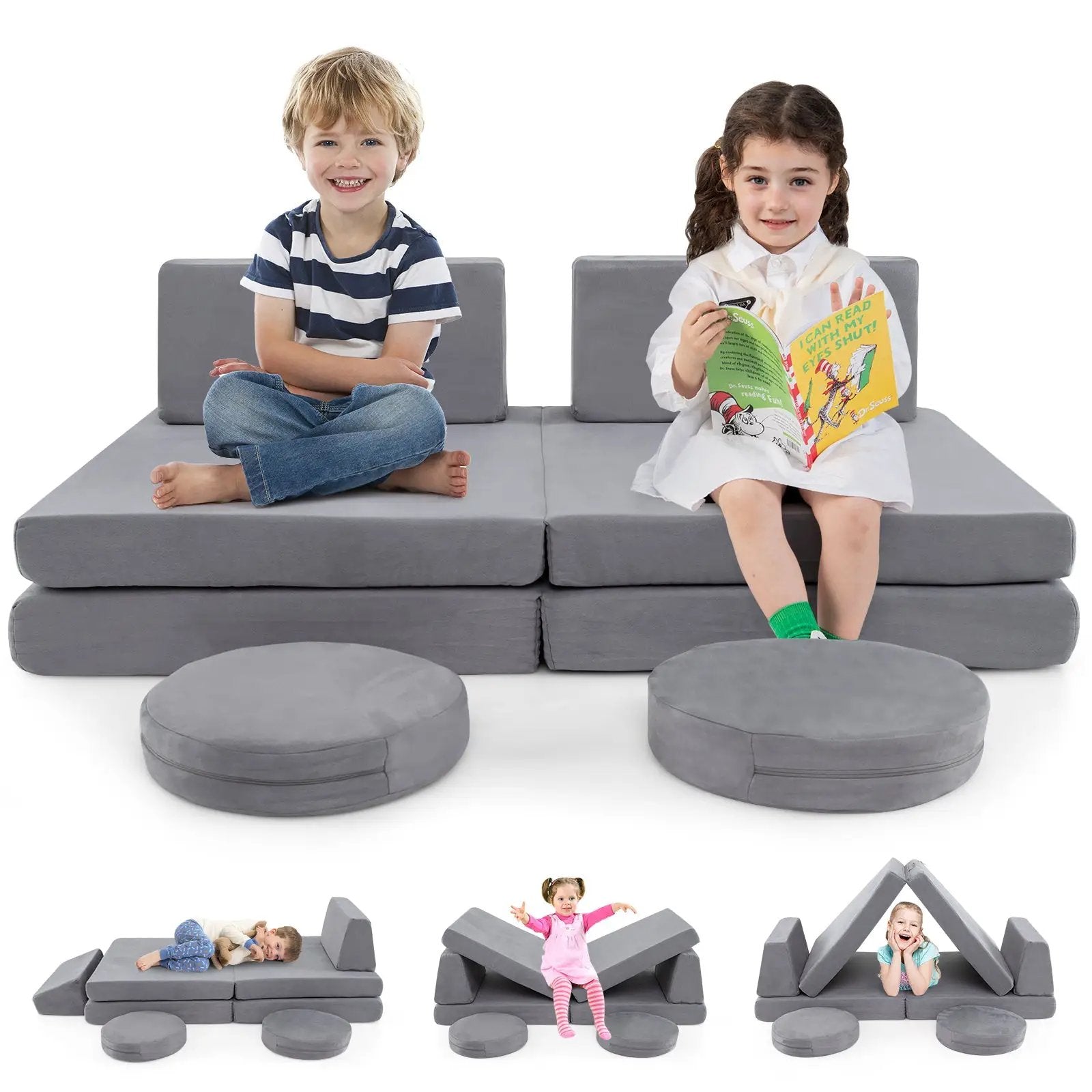 6 Pieces Modular Kids Play Couch Set with Washable Covers for Living Room Playroom-Gray by DirectDeals