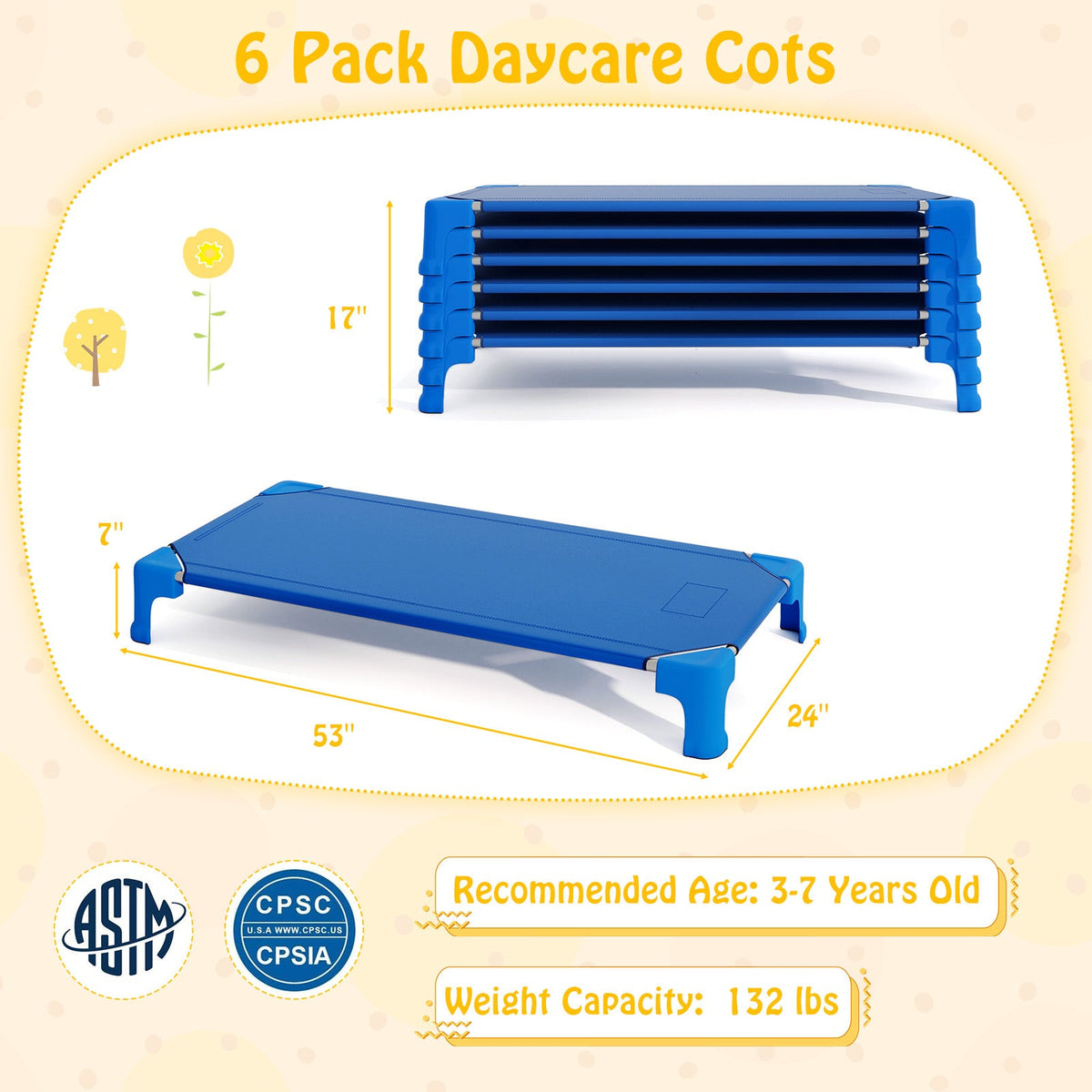 Portable 6 Pack Stackable Daycare Cots Sleeping Bed for Kids 53 Inch, photo 5 of 9