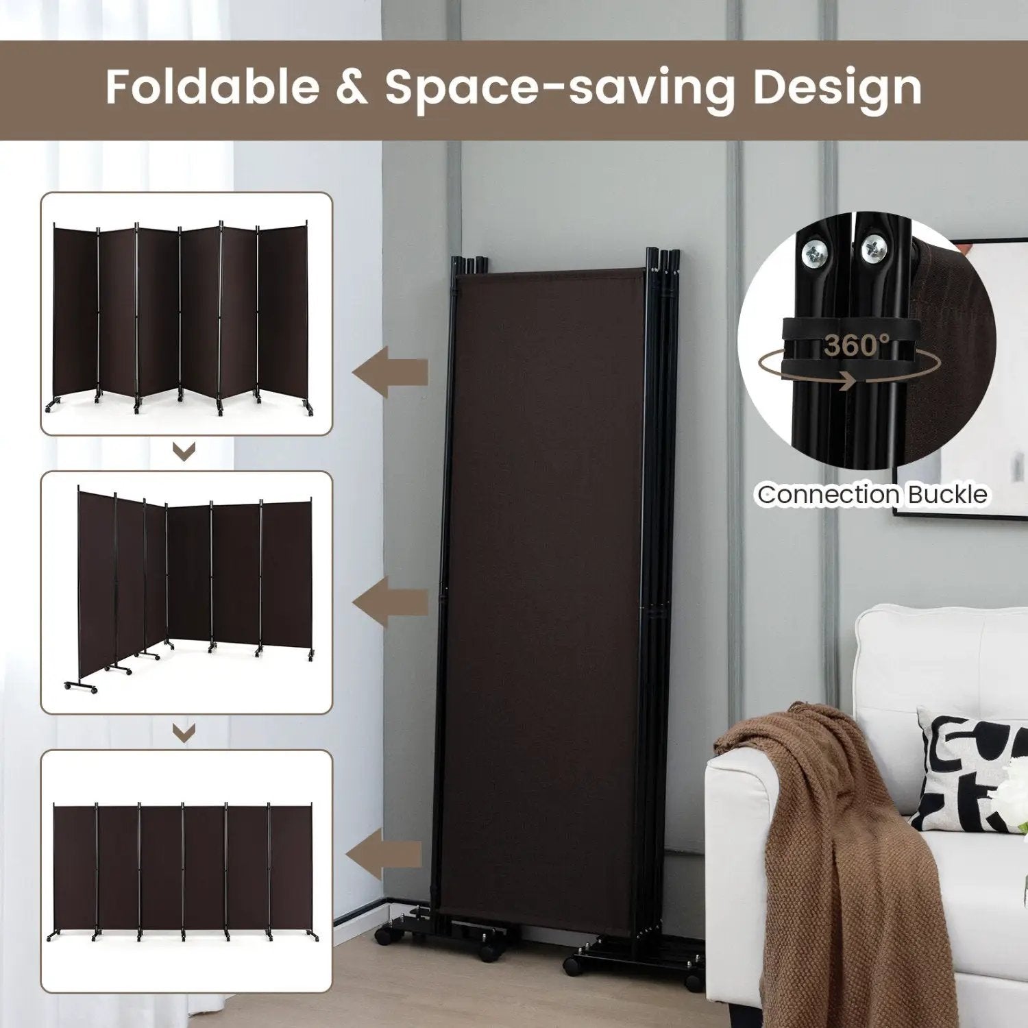 6 Panel Rolling Room Divider on Wheels - 5.7 Feet Tall by DirectDeals