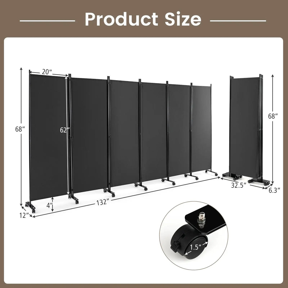 6 Panel 5.7 Feet Tall Rolling Room Divider on Wheels, photo 4 of 11