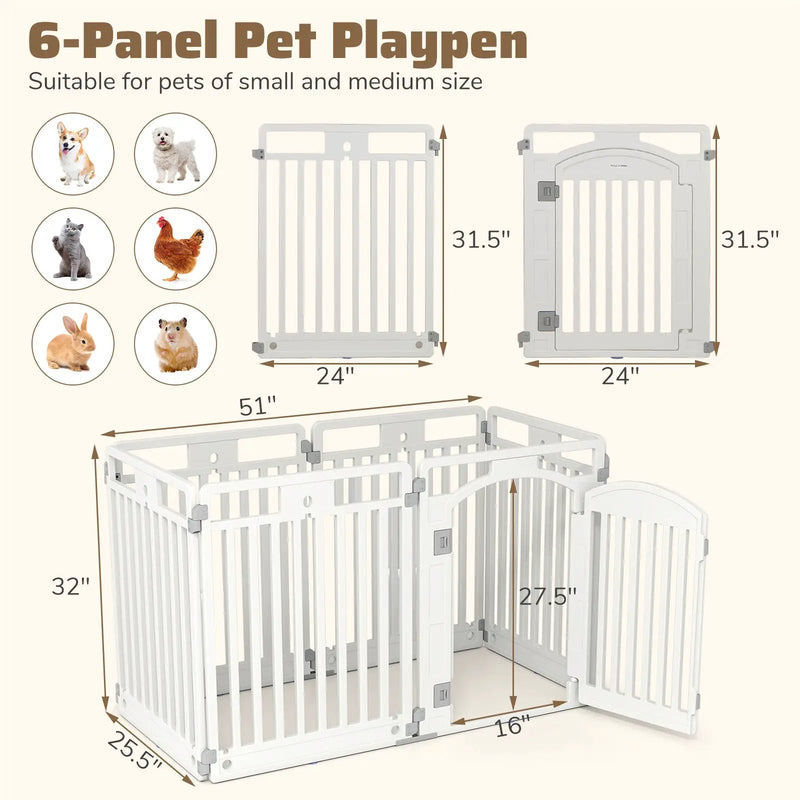 6-Panel Tall Dog Playpen Foldable Pet Fence with Locking Door-White by DirectDeals