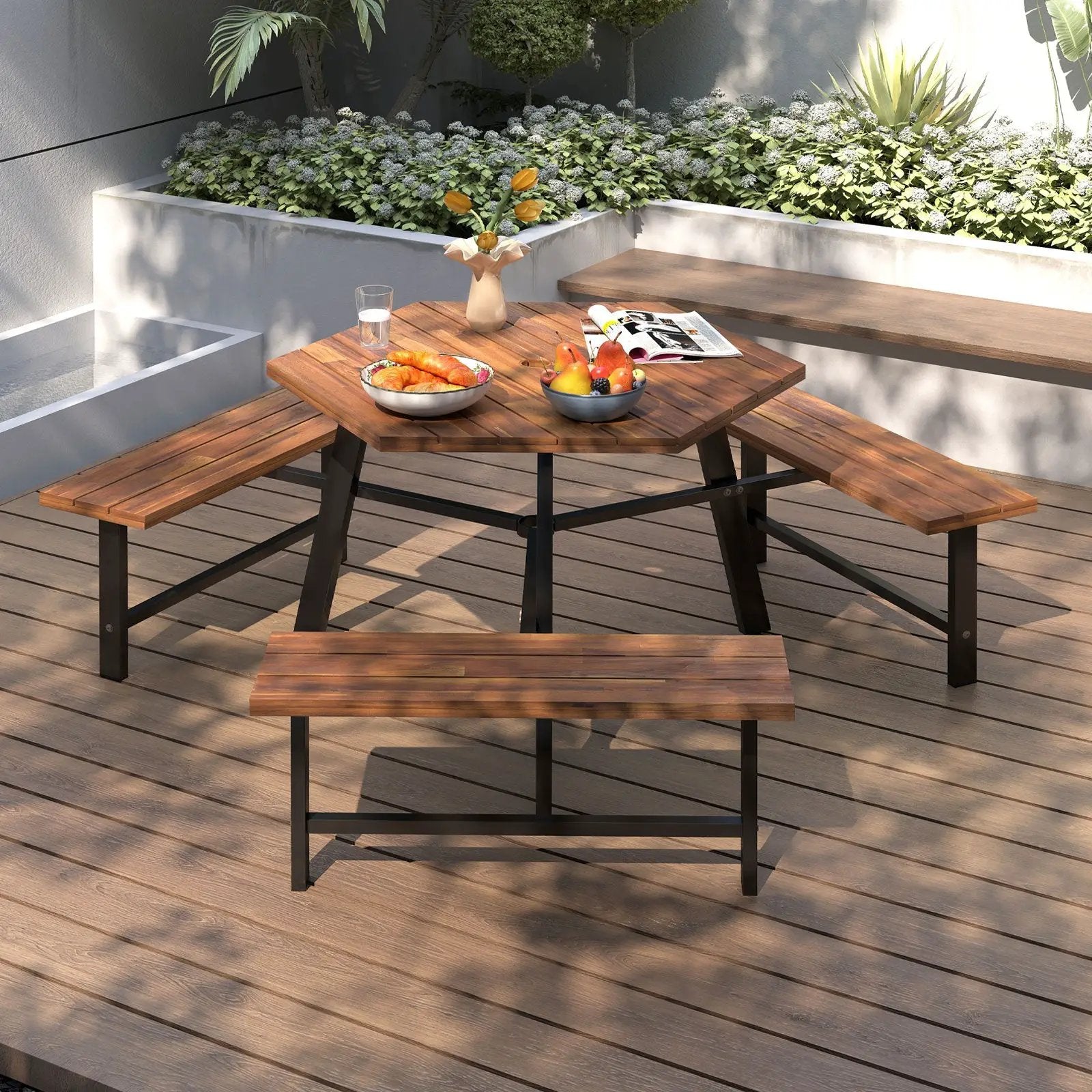 6 Person Acacia Wood Picnic Table Bench Set with 3 Seats by DirectDeals