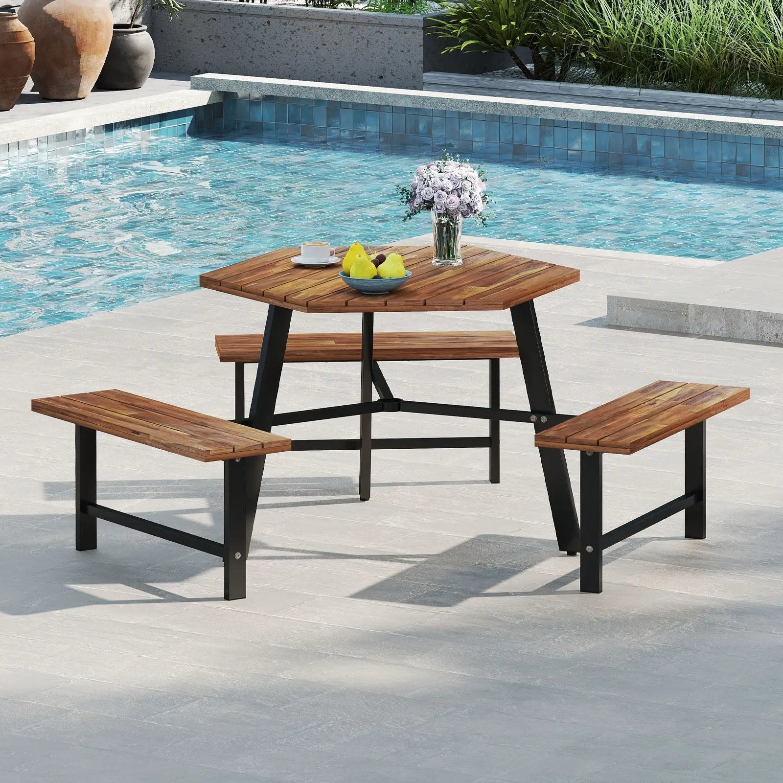 6 Person Acacia Wood Picnic Table Bench Set with 3 Seats by DirectDeals