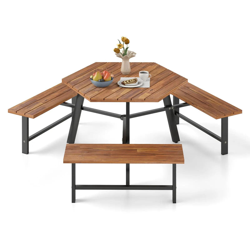 6 Person Acacia Wood Picnic Table Bench Set with 3 Seats by DirectDeals