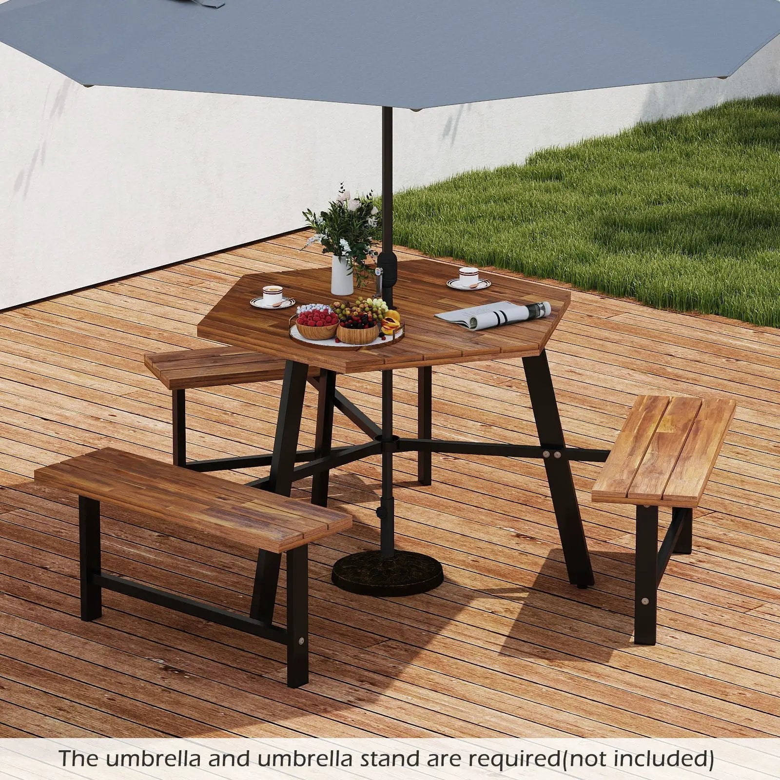 6 Person Acacia Wood Picnic Table Bench Set with 3 Seats by DirectDeals