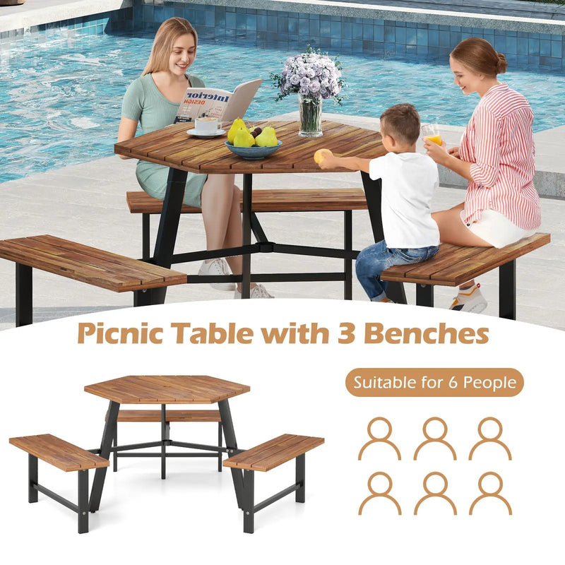6 Person Acacia Wood Picnic Table Bench Set with 3 Seats by DirectDeals
